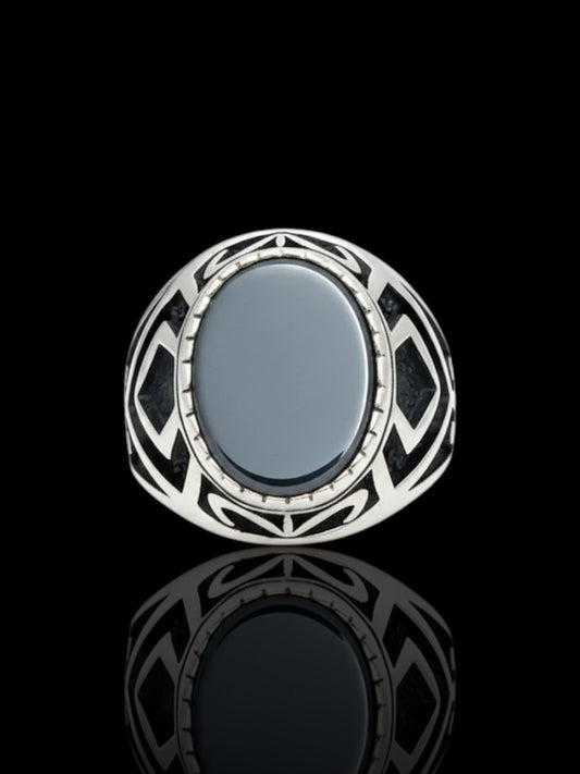 Men’s Sterling Silver Oval Black Onyx Design Ring