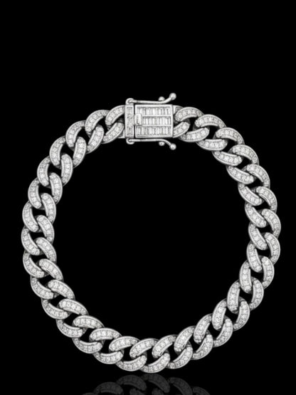 Men’s Sterling Silver Cuban Bracelet with Baguette CZ Stones